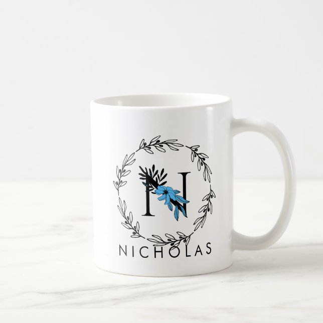 Monogramme floral bleu - Lettre N Mug café (Droite)