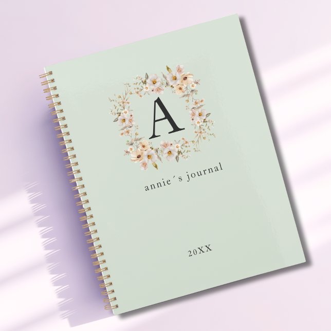 Monogramme floral Boho personnalisé vert (Custom Boho Floral Monogram Soft Green Planner)
