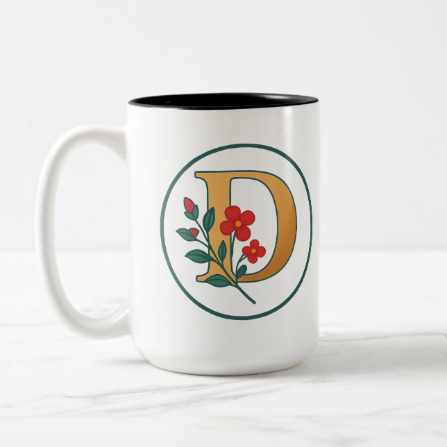 Monogramme floral "D" Mug de café - noir et blanc (Gauche)