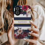 Monogramme floral de Burgundy et Boho d'or de la m<br><div class="desc">Caisses de téléphone monogrammed personnalisées avec votre nom ou autre texte. Ce design boho branché présente une bordure florale aquarelle aux couleurs d'automne rustiques sur un arrière - plan rayé bleu marine et blanc avec un faux accent de feuille d'or. Utilisez les outils de conception pour choisir une couleur arrière...</div>