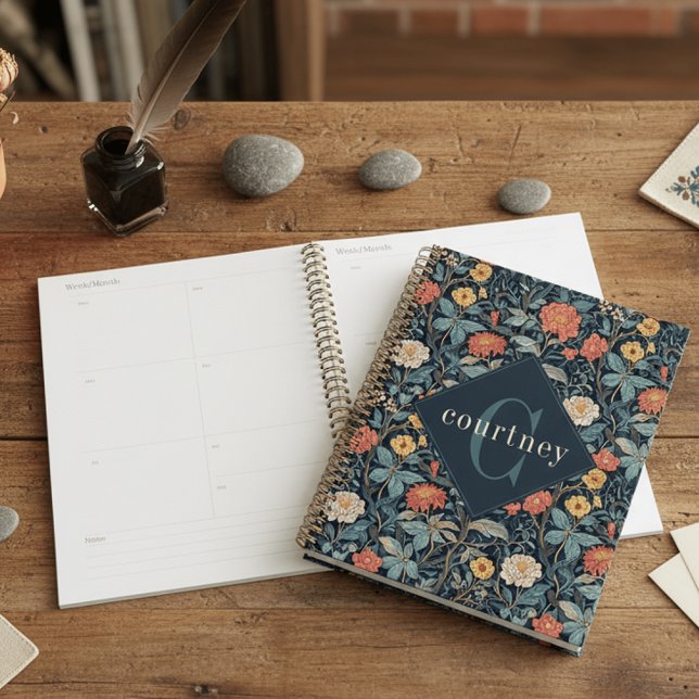 Monogramme floral élégant William Morris bleu (Créateur téléchargé)