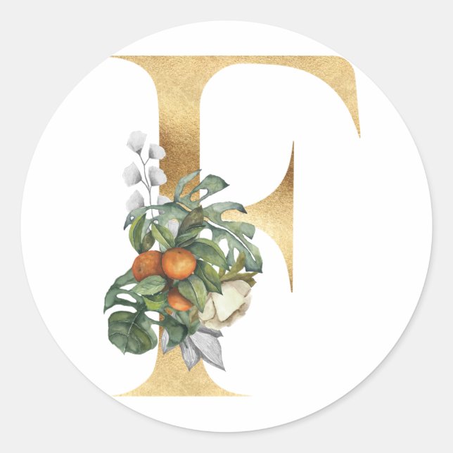 Monogramme floral en or Autocollant rond classique (Devant)