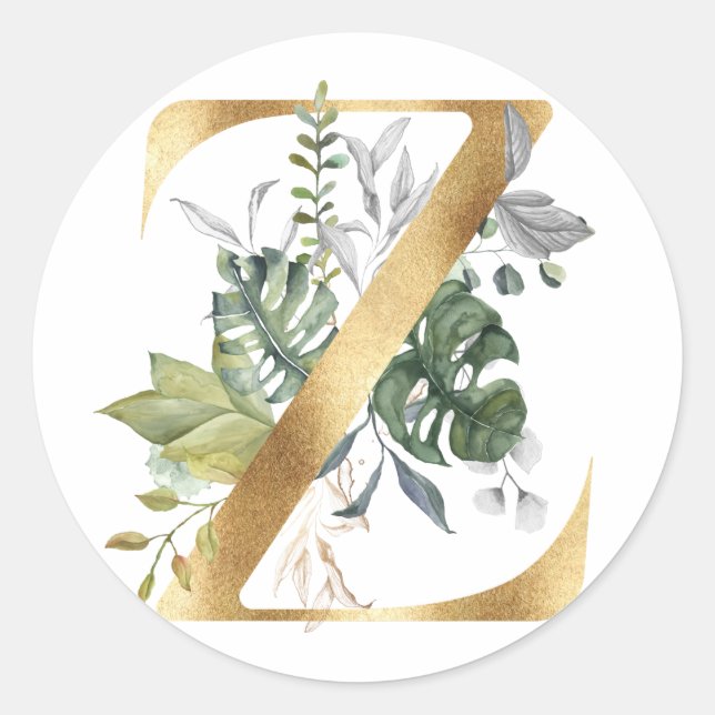 Monogramme floral en or Autocollant Rond Classique (Devant)