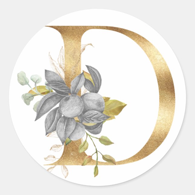 Monogramme floral en or Autocollant rond classique (Devant)