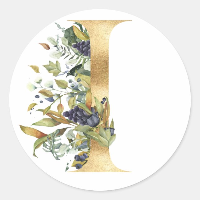 Monogramme floral en or Autocollant rond classique (Devant)