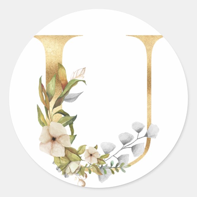 Monogramme floral en or Autocollant rond classique (Devant)