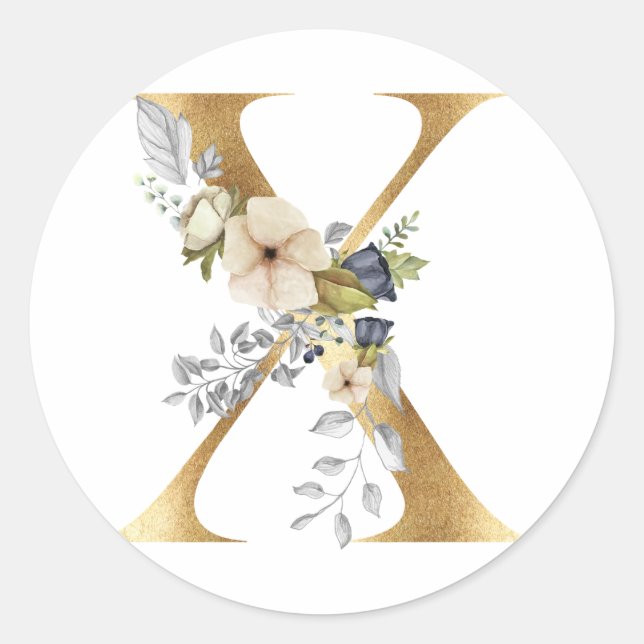 Monogramme floral en or Autocollant rond classique (Devant)