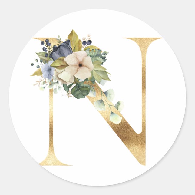 Monogramme floral en or Autocollant rond classique (Devant)