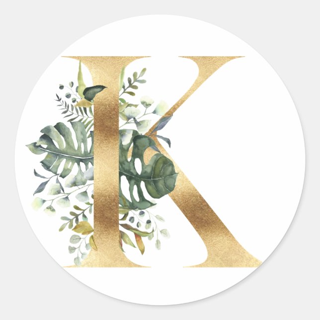 Monogramme floral en or Autocollant rond classique (Devant)