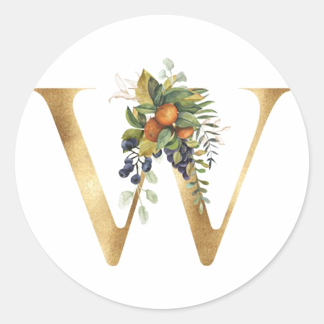 Monogramme floral en or Autocollant rond classique (Devant)