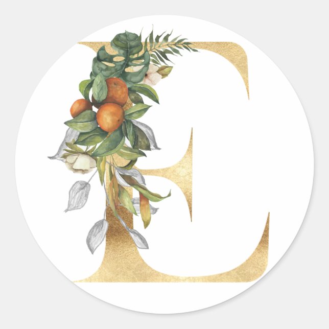 Monogramme floral en or Autocollant rond classique (Devant)