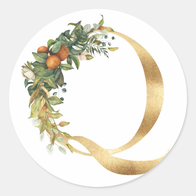 Monogramme floral en or Autocollant rond classique (Devant)