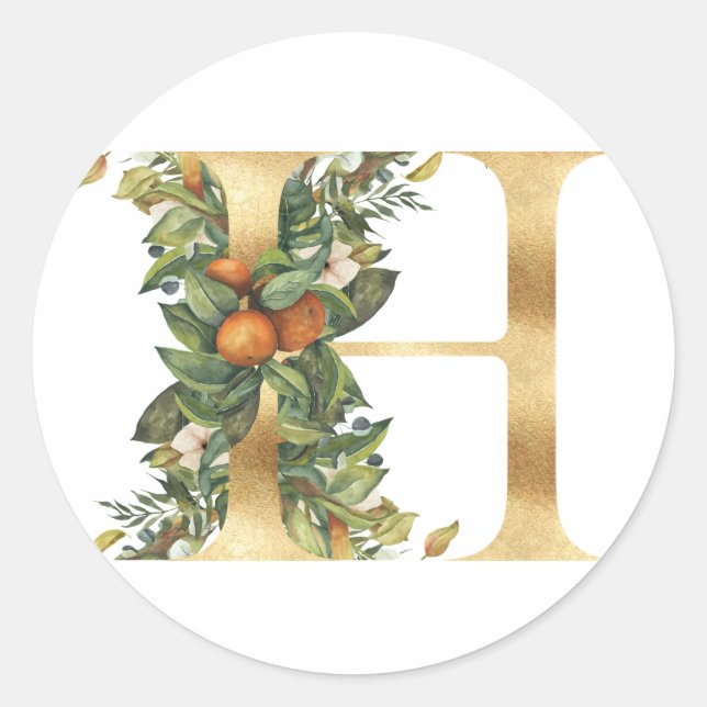 Monogramme floral en or Autocollant rond classique (Devant)
