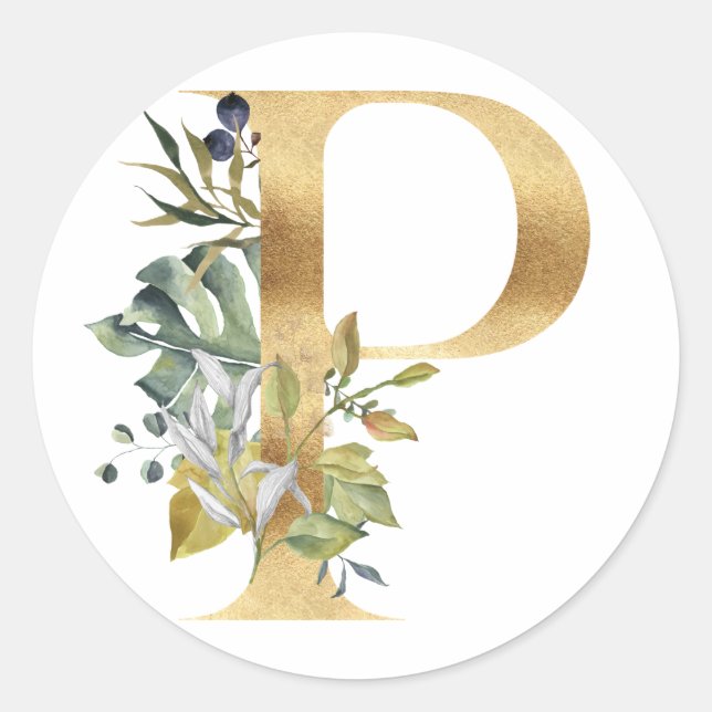 Monogramme floral en or Autocollant rond classique (Devant)