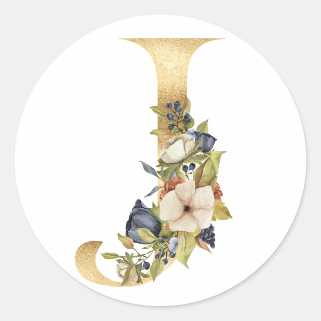 Monogramme floral en or Autocollant rond classique (Devant)