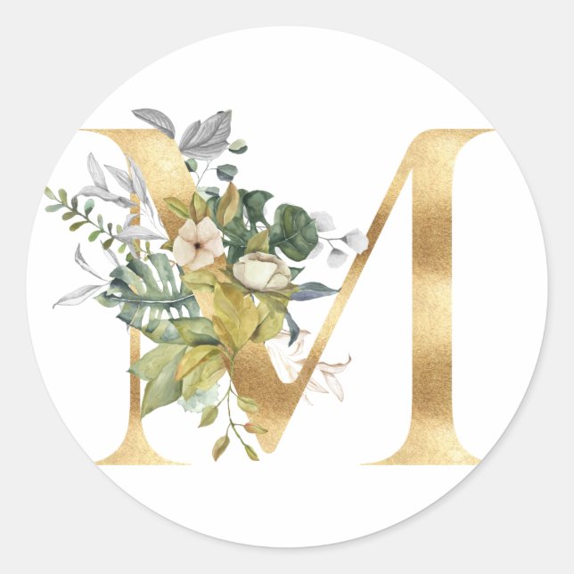 Monogramme floral en or Autocollant rond classique (Devant)