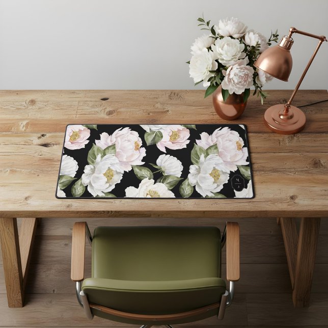 Monogramme floral Gras blanc et rose Peony (Bold White & Pink Peony Floral Pattern Monogram Desk Mat)
