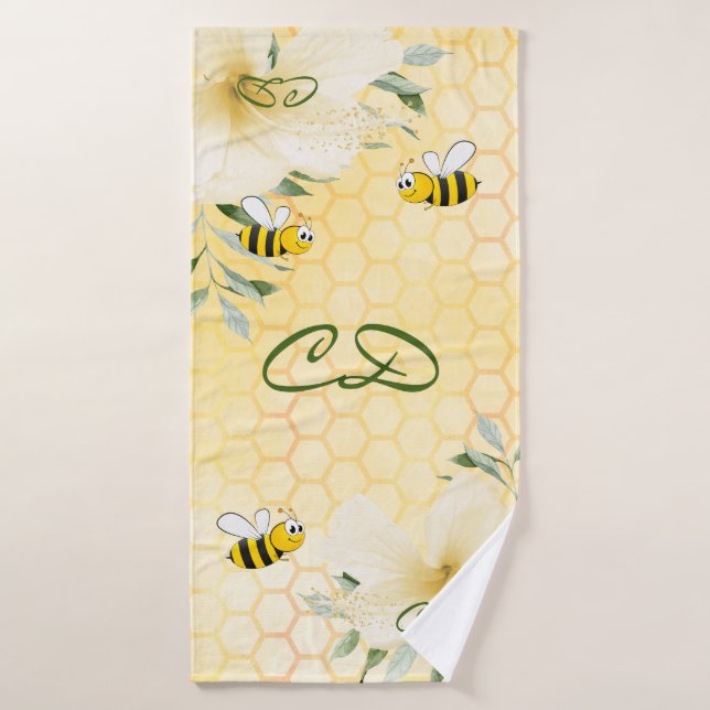 monogramme floral jaune nid d'abeille (Serviette de bain)