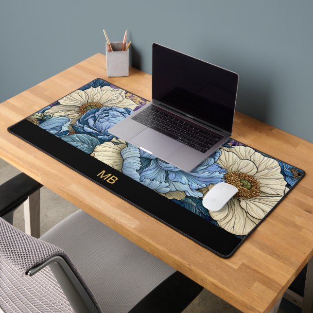 Monogramme Floral Luxe Bleu Ivoire Or Paonée  (Bureau 2)