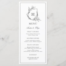 Monogramme floral Menu Mariage noir et blanc