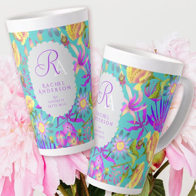 Monogramme floral mystique en floraison Mug latte  (Blooming Mystical Floral Monogram Teal Latte Mug. )
