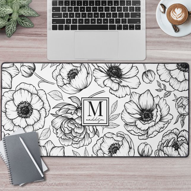 Monogramme floral noir et blanc (Black White Floral Monogram Desk Mat )
