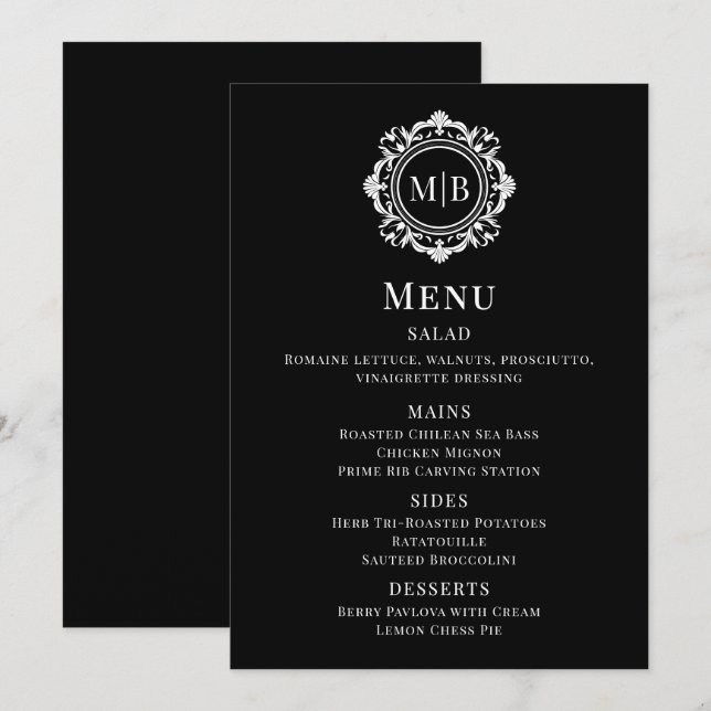 Monogramme floral orange noir Mariage blanc menu (Devant / Derrière)