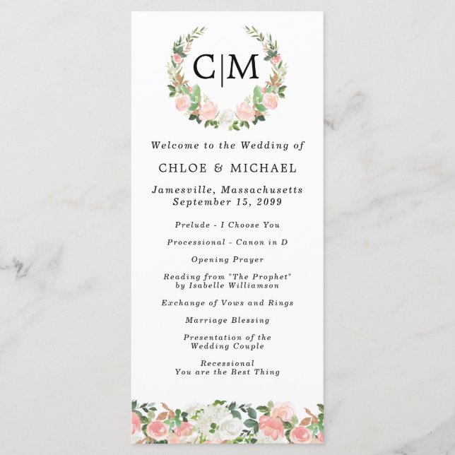 Monogramme floral rose blanc Programme de mariage  (Devant)
