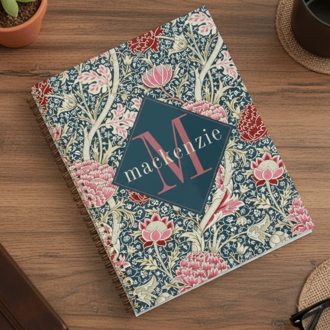 Monogramme floral rose bleu élégant William Morris (Créateur téléchargé)