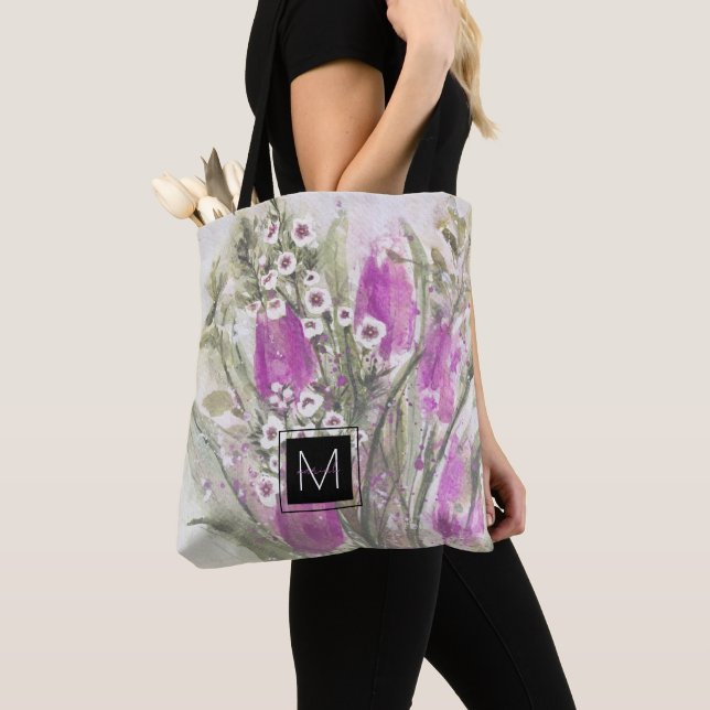 Monogramme floral rose bridesmaid cadeau sac fourr (De près)