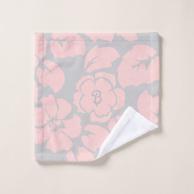 Monogramme floral rose et gris pastel (Gant de toilette)