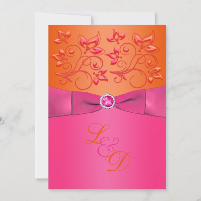Monogramme floral rose, orange Faire-part de maria (Devant)