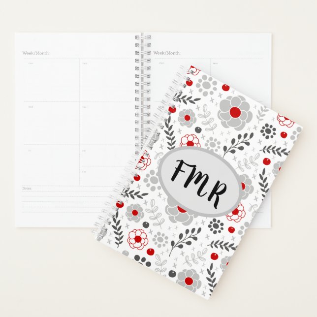 Monogramme floral rouge gris moderne (Devant avec enveloppe)