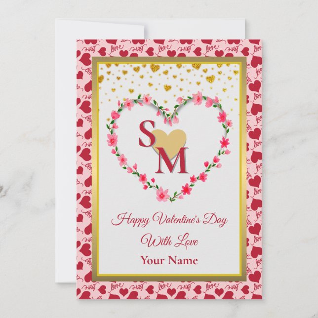 Monogramme floral Saint-Valentin avec cœur en or (Devant)