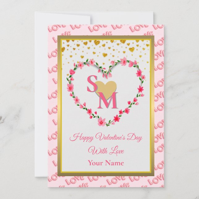 Monogramme Floral Saint-Valentin avec Cœur en Or (Devant)