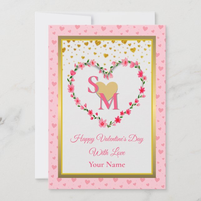 Monogramme Floral Saint-Valentin avec Cœur en Or (Devant)