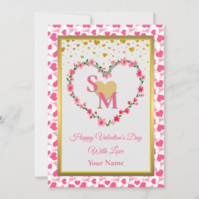 Monogramme Floral Saint-Valentin avec Cœur en Or (Devant)