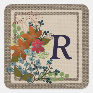 Monogramme Floral, Stickers Carré Burlap, Glossy