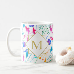 Monogramme Fluro Floral Gras Couleur Mug Blanc