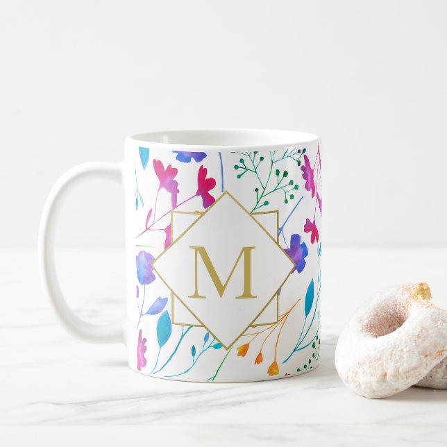 Monogramme Fluro Floral Gras Couleur Mug Blanc (Avec donut)