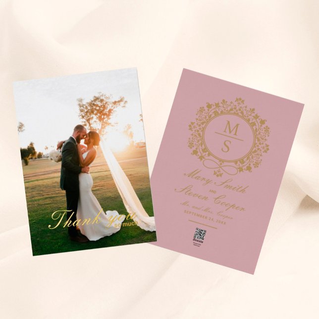 Monogramme Gilded Photo Mariage Merci Cartes (I wish happiness!)