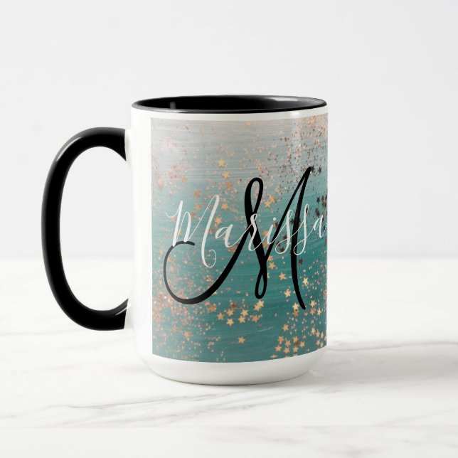 Monogramme Gold Stars sur Mug de café Turquoise (Gauche)