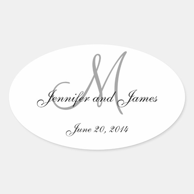 Monogramme gris et blanc Étiquettes de mariage ova (Devant)