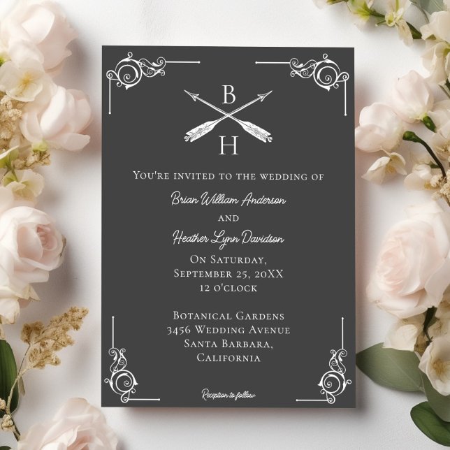 Monogramme gris et Faire-part de mariage des flèch (Gray Monogram and Arrows Wedding Invitation)