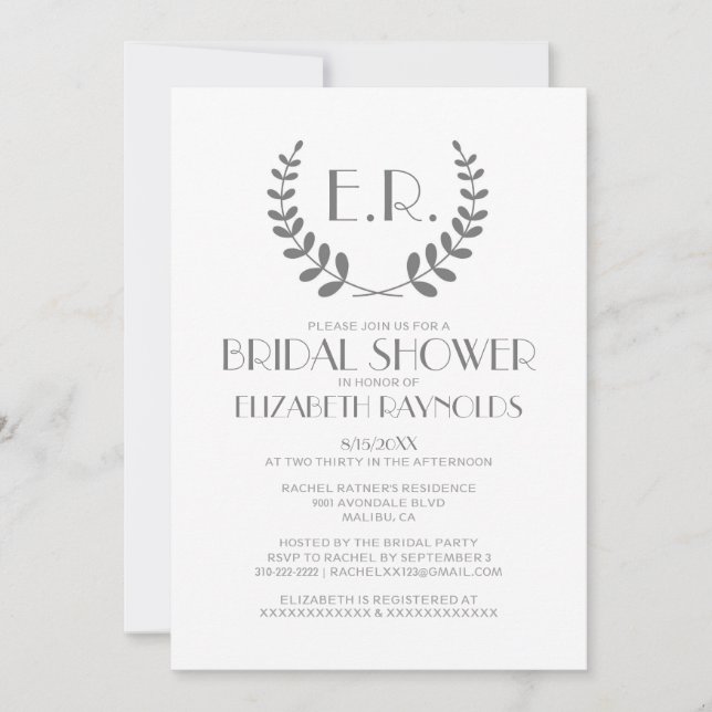 Monogramme gris Invitations de douche nuptiale (Devant)