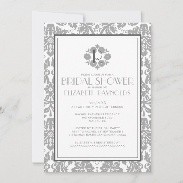 Monogramme gris Invitations de douches nuptiales D (Devant)