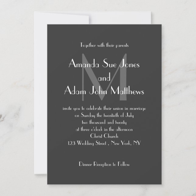 Monogramme gris Invitations de mariage modernes (Devant)