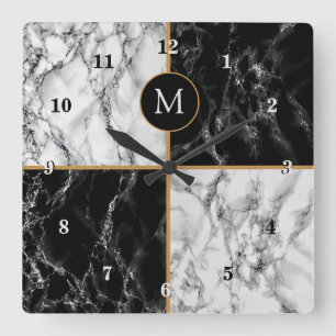 Monogramme Horloge murale avec marbre noir blanc