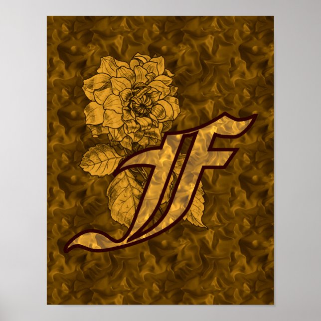 Monogramme Initial F Gold Peony Poster Floral (Devant)