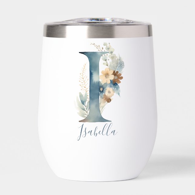 Monogramme Initial I Blue Floral Aquarelle Cadeau (Avant)